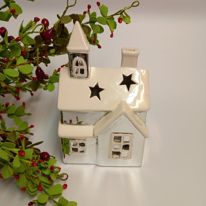 Dutch Village Mirrored Ceramic Lantern Church - 17cm