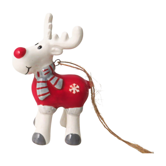 Reindeer With Sweater Ceramic Hanging Christmas Tree Decorations - Set of 3