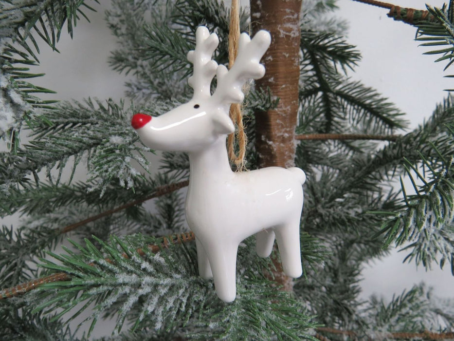 Reindeer With Red Nose Ceramic Hanging Christmas Tree Decorations - Set of 3