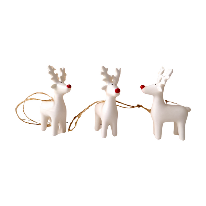 Reindeer With Red Nose Ceramic Hanging Christmas Tree Decorations - Set of 3