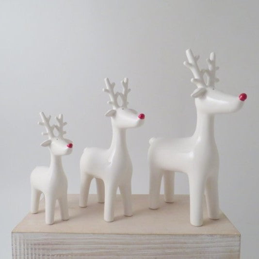 White Ceramic Reindeer with red nose