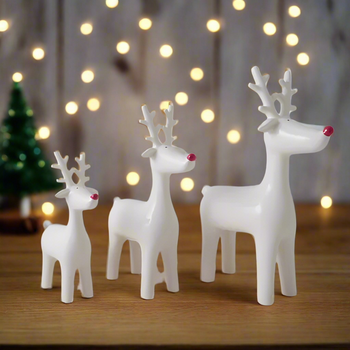 White Ceramic Reindeer with red nose