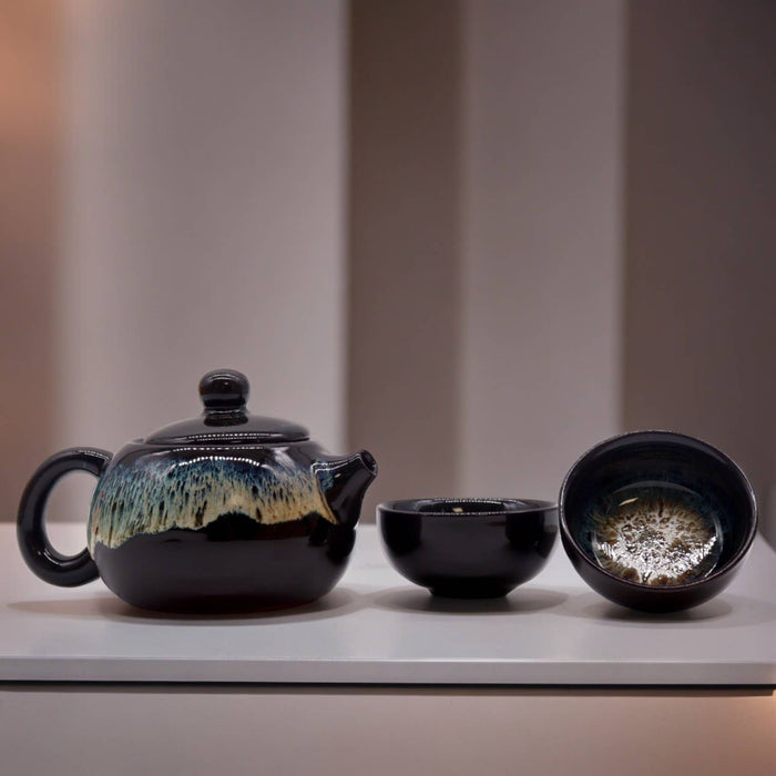 Herbal Black Glaze Teapot Set - Pot & Two Cups