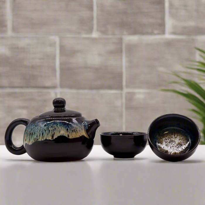 Herbal Black Glaze Teapot Set - Pot & Two Cups