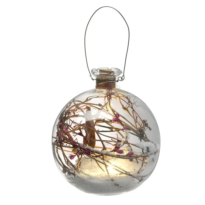 Snowy Berry Twig Glass Bauble With Led Light