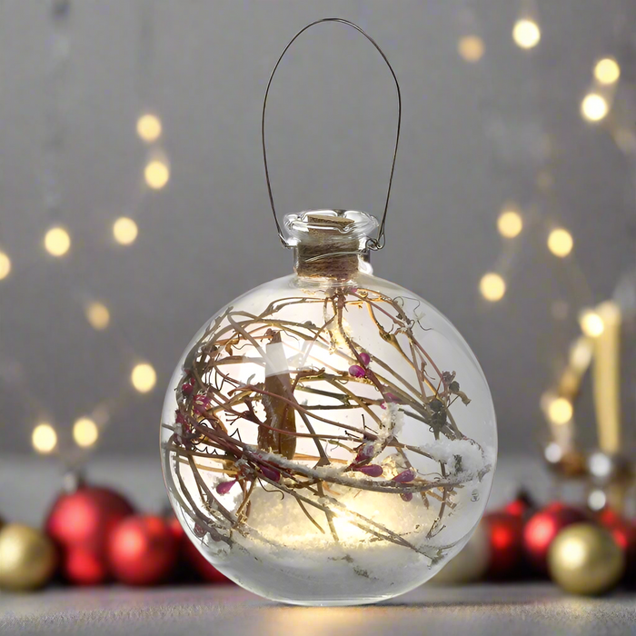 Snowy Berry Twig Glass Bauble With Led Light