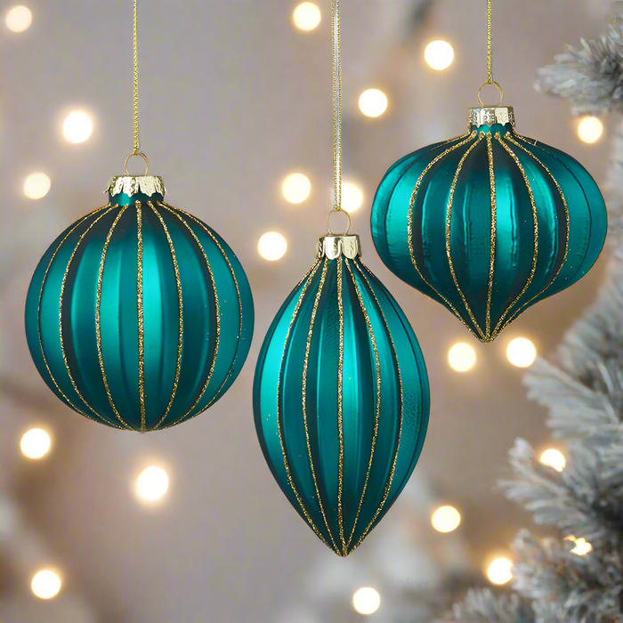 Dark Peacock Blue & Gold Glass Bauble Christmas Tree Decorations - 3 shapes