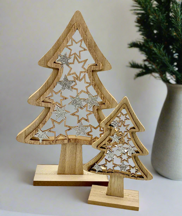 Carved Wooden Christmas Tree with Silver Stars - 2 Sizes