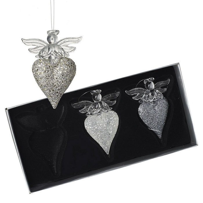 Hanging Glass Angel On Glitter Heart Set of 3