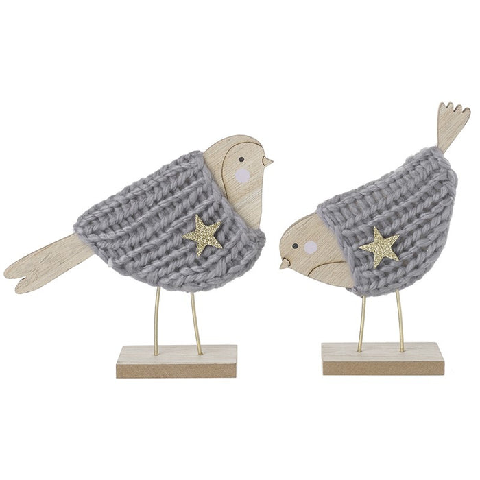 Wooden Birds In Knitted Jumpers Set of 2