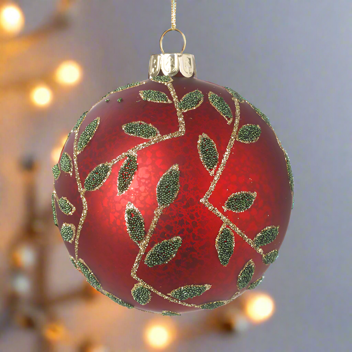 Red Christmas Bauble Festive Leaves Design