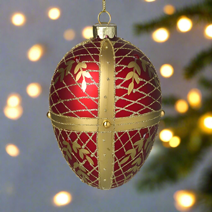 Gold & Red Decorated Glass Hanging Egg