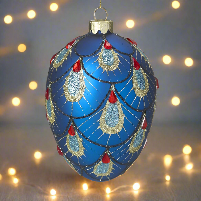 Gold & Blue Peacock Decorated Glass Hanging Egg