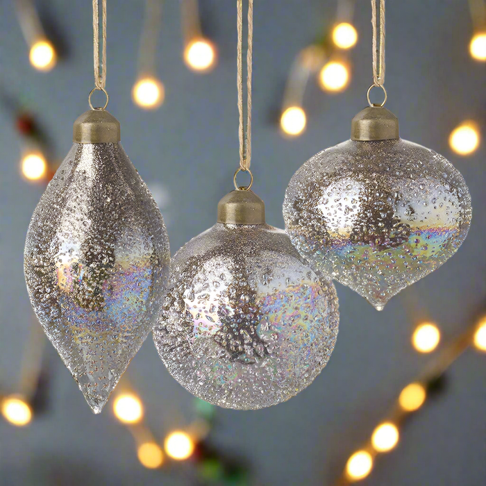 Iridescent Frost Glass Bauble Christmas Tree Decorations - 3 shapes