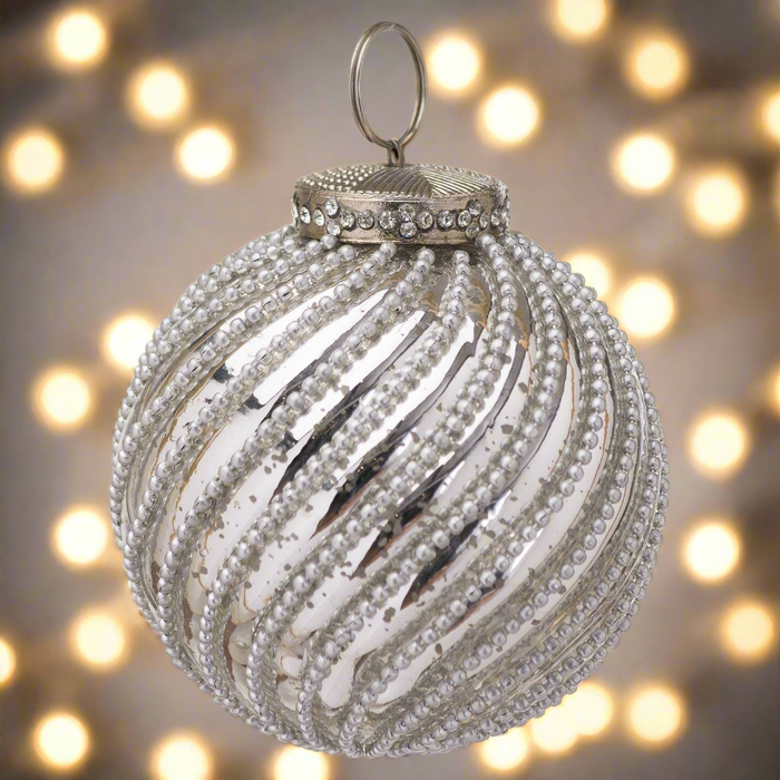 Traditional Christmas Bauble - Pearl Swirl Silver Large - Heirloom Collection