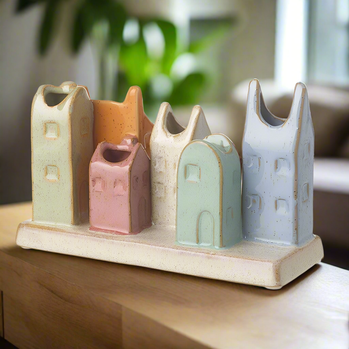 Multi Colour 6 Ceramic Houses On Plaque Vase