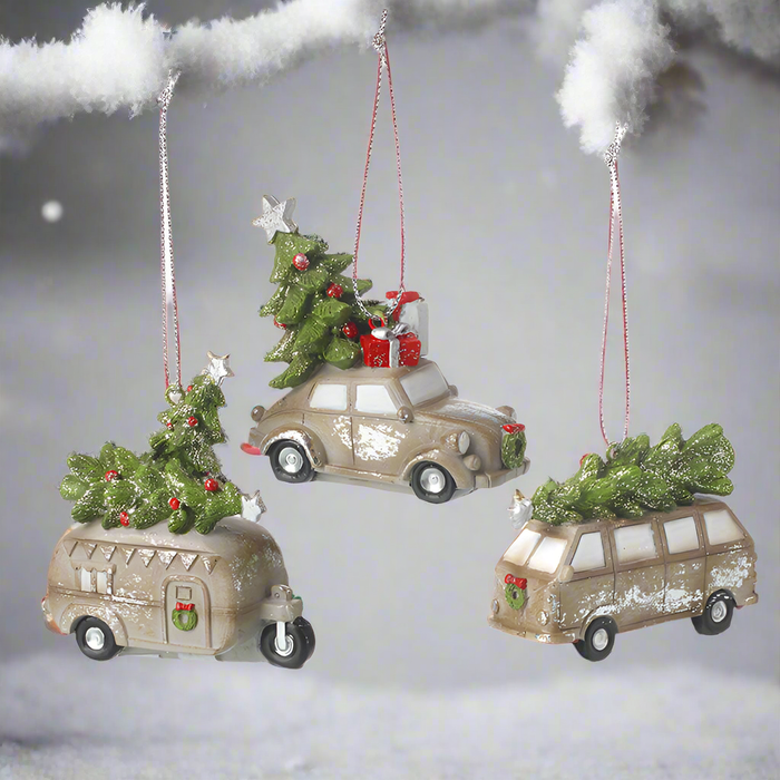 Set of 3 Festive vehicles, Caravan, Camper and Car, Christmas Tree Decorations