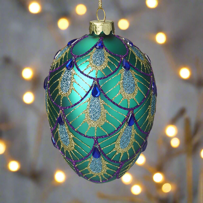 Gold & Green Decorated Glass Hanging Egg