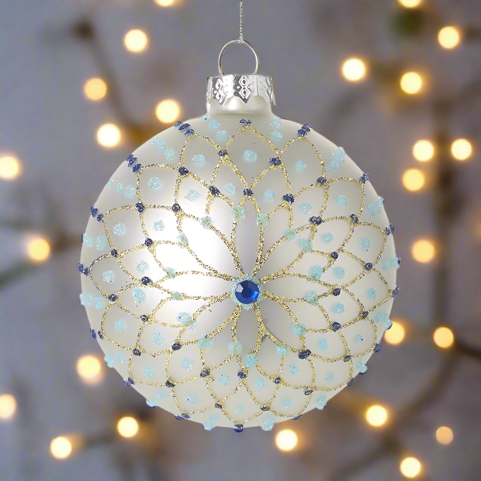 White Glass Bauble with Gold Glitter and Blue Gem