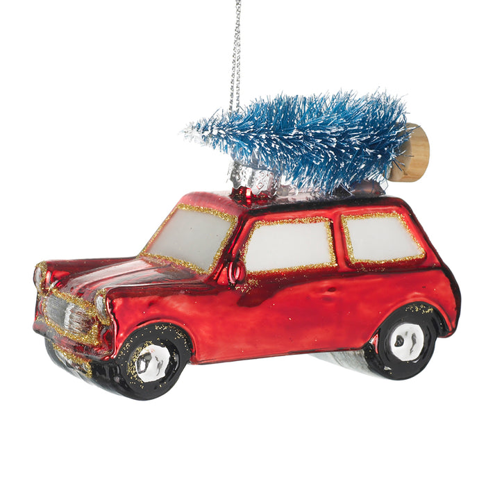 Red Car Bauble with Christmas Tree on roof - Novelty Christmas Tree Decoration