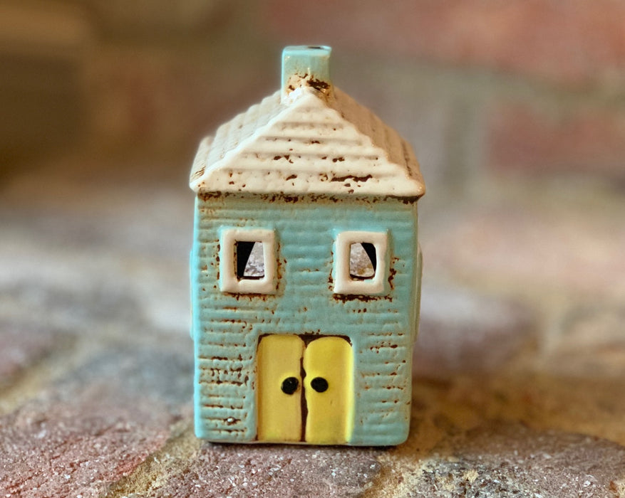 Cornish Village Pottery Lantern Aqua House, Yellow Door