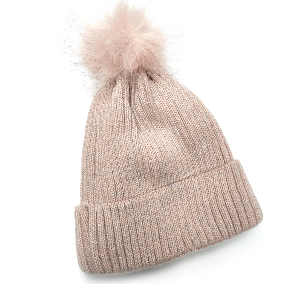 Pink Glitter Knitted Pom Pom Hat